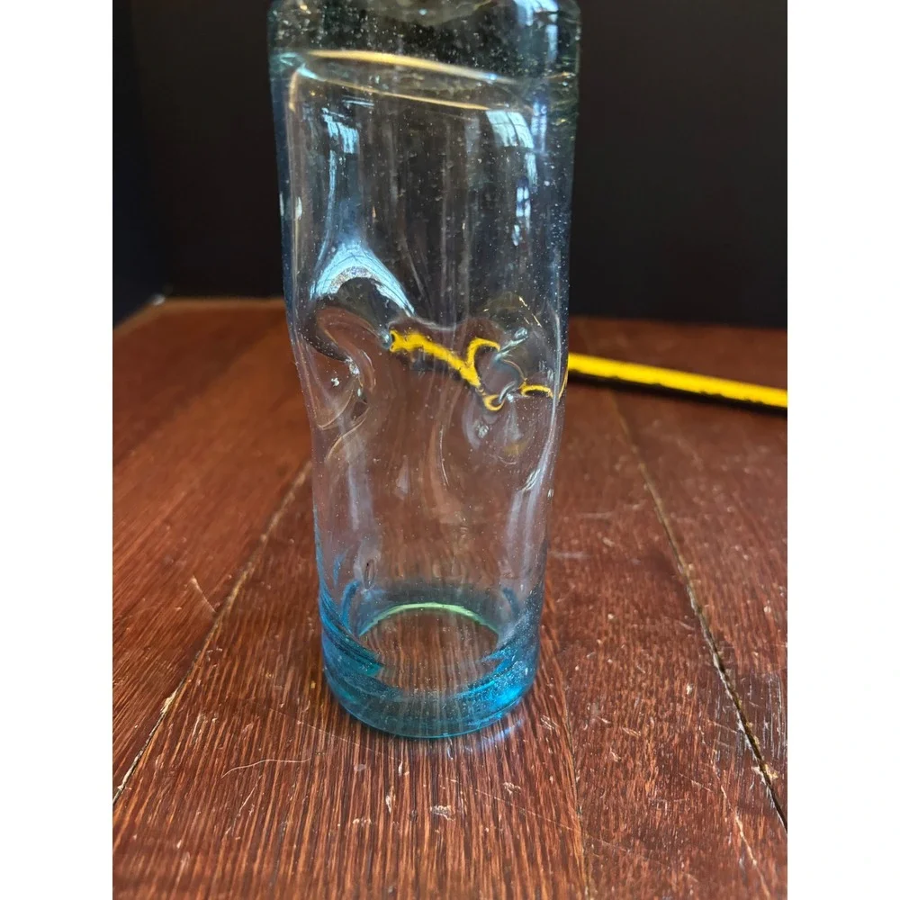 Handblown Mexican Tequila Glass Turquoise Blue Rim Dimpled Recycled Glass 6.25in